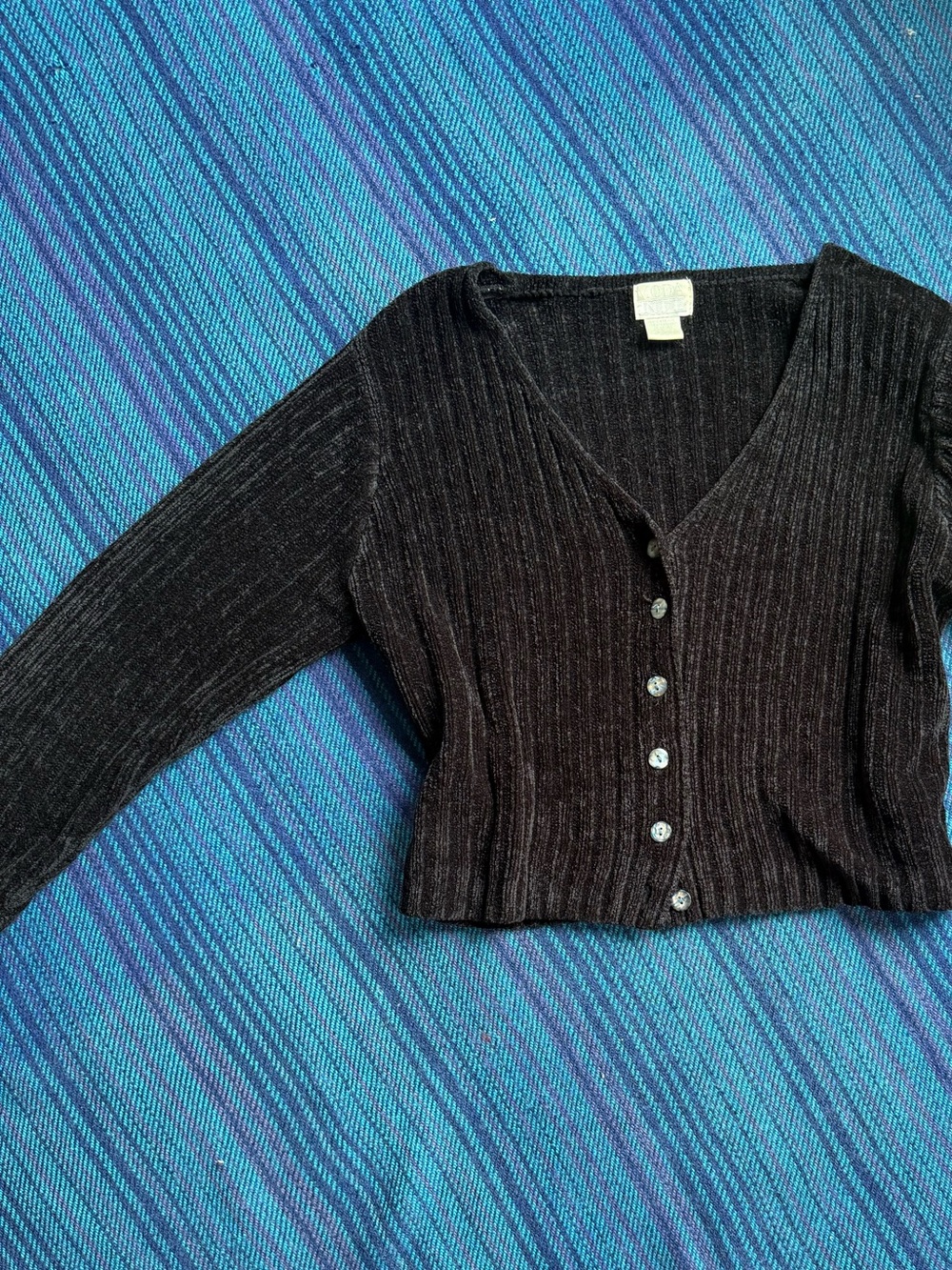 Moda Black Ribbed Velour V-Neck Button-Front Cardigan - Picture 6 of 7